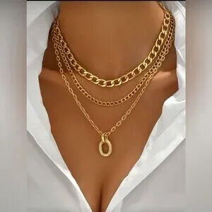 Gold Layered Chain Necklace Oval Pendant Statement Necklace Gift Dainty